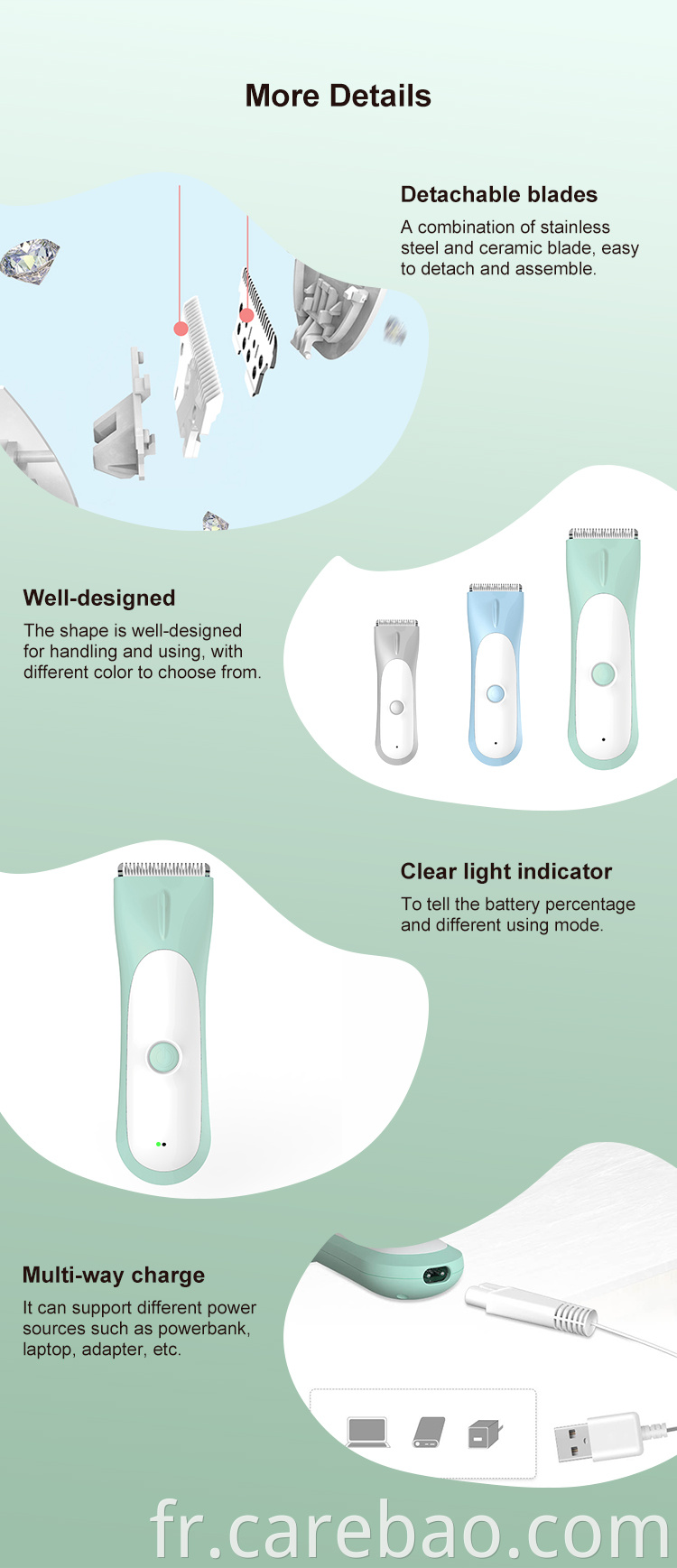 Vente supérieure Carebao Electroproof Electric Baby Hair Clipper pour les enfants avec une lame en céramique en acier inoxydable en vert bleu gris